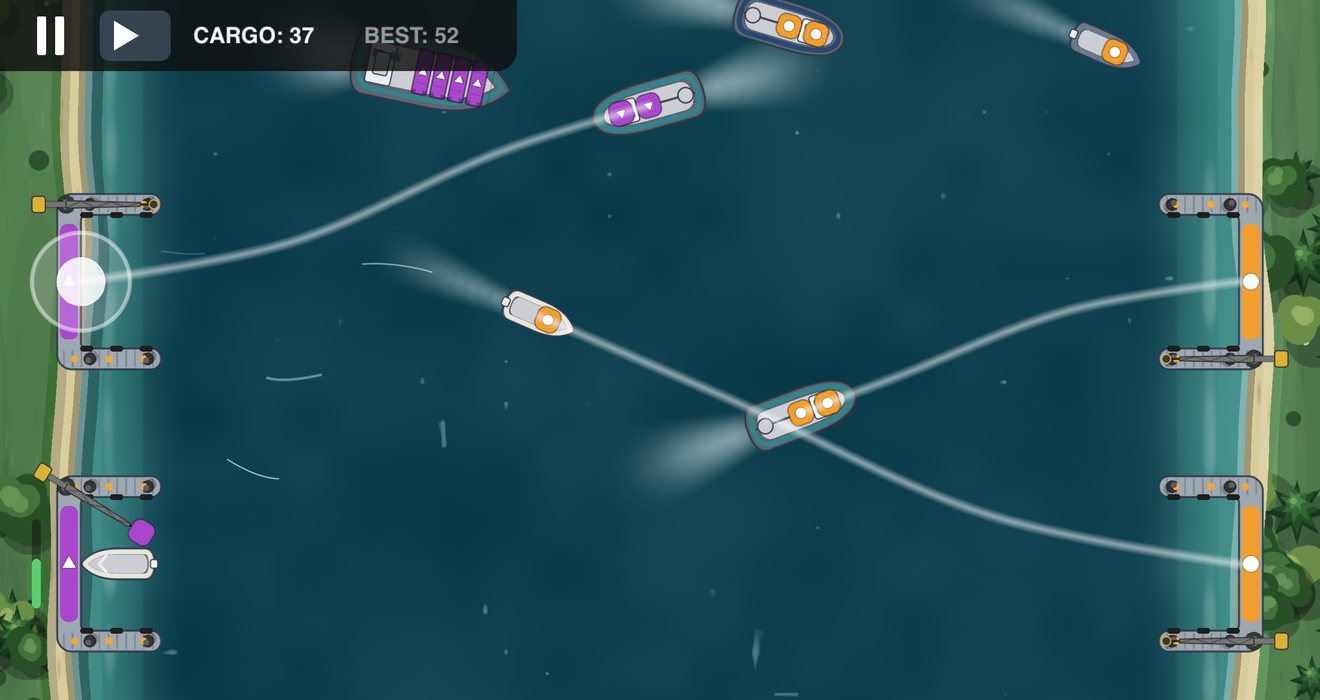 A route drawn with one finger from a ship to its berth, with more ships sailing in.