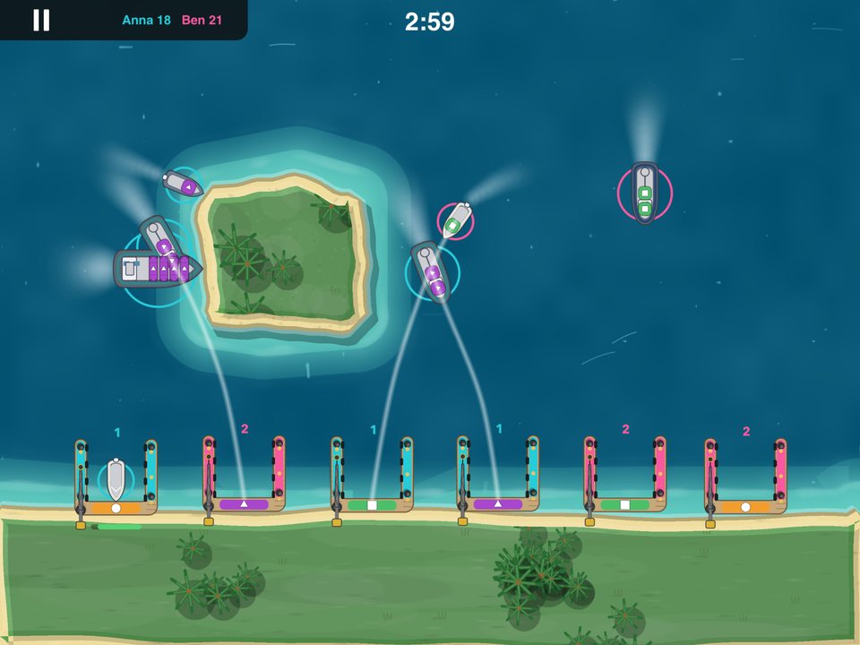 A two-player match on one screen, each player's score and the match clock at the top.