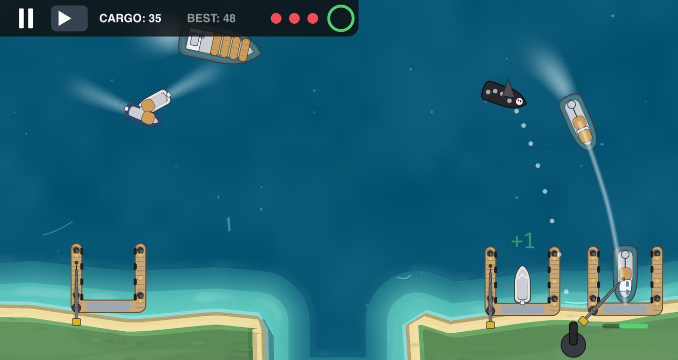 A pirate ship closing on a freighter while the shore cannon takes aim.