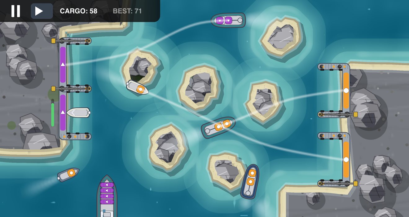 A busy reef harbor: eight ships on crossing routes, some docking, some arriving.