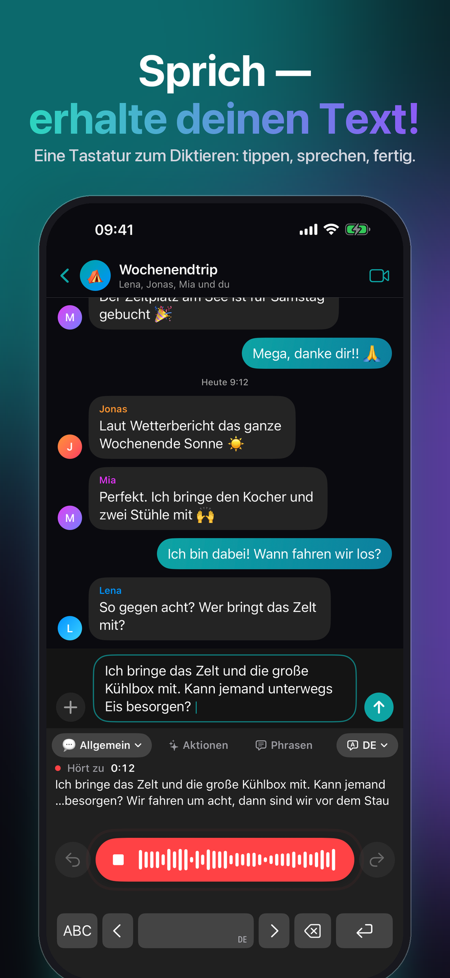 Die JustTalk-Tastatur auf dem iPhone, bereit zum Diktieren