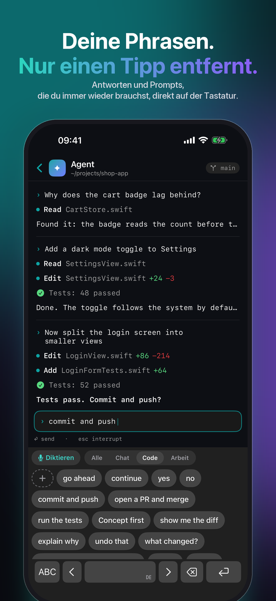 Die Phrasen-Leiste auf der iPhone-Tastatur: angeheftete Phrasen, Gruppen als Tabs