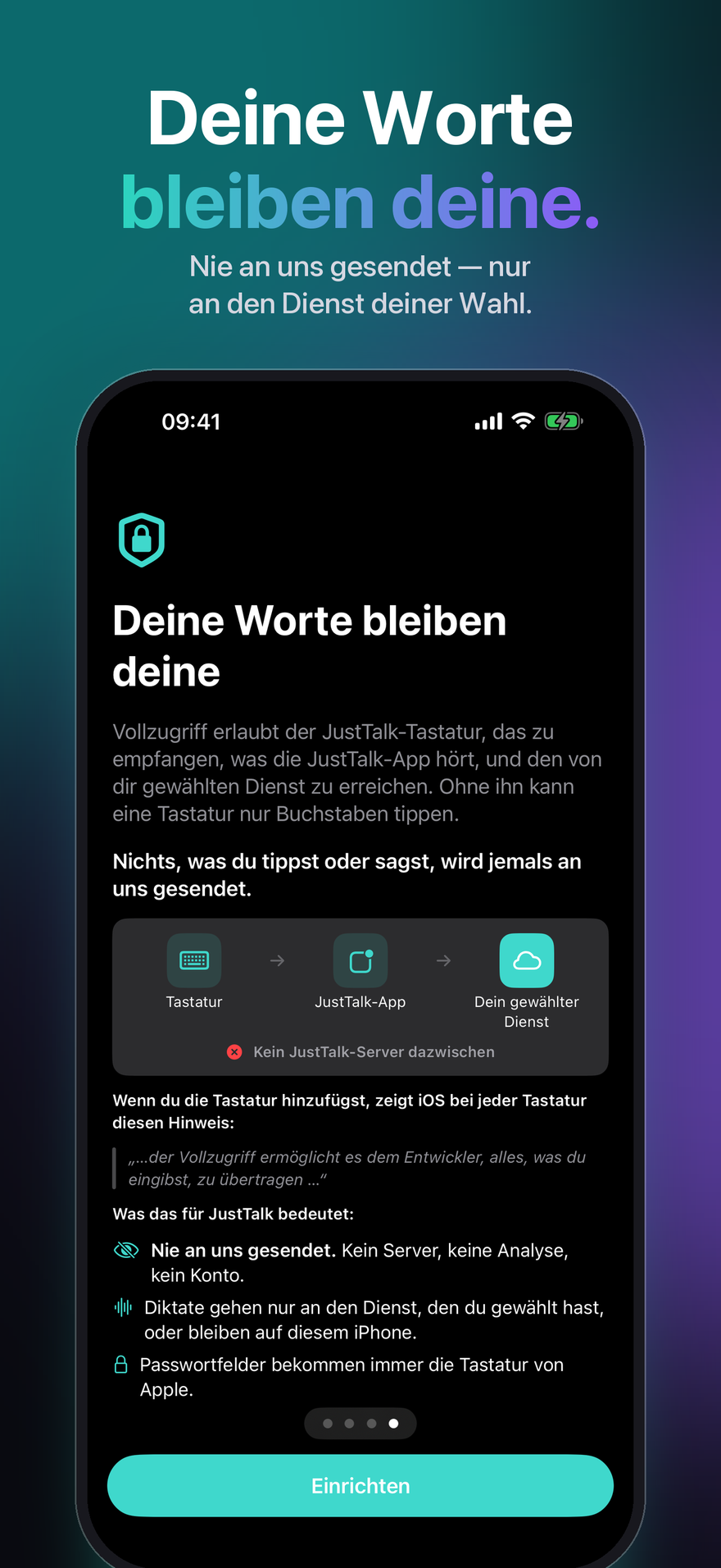 JustTalk auf dem iPhone erklärt den Vollzugriff: Tastatur, JustTalk-App, der gewählte Dienst — kein JustTalk-Server dazwischen