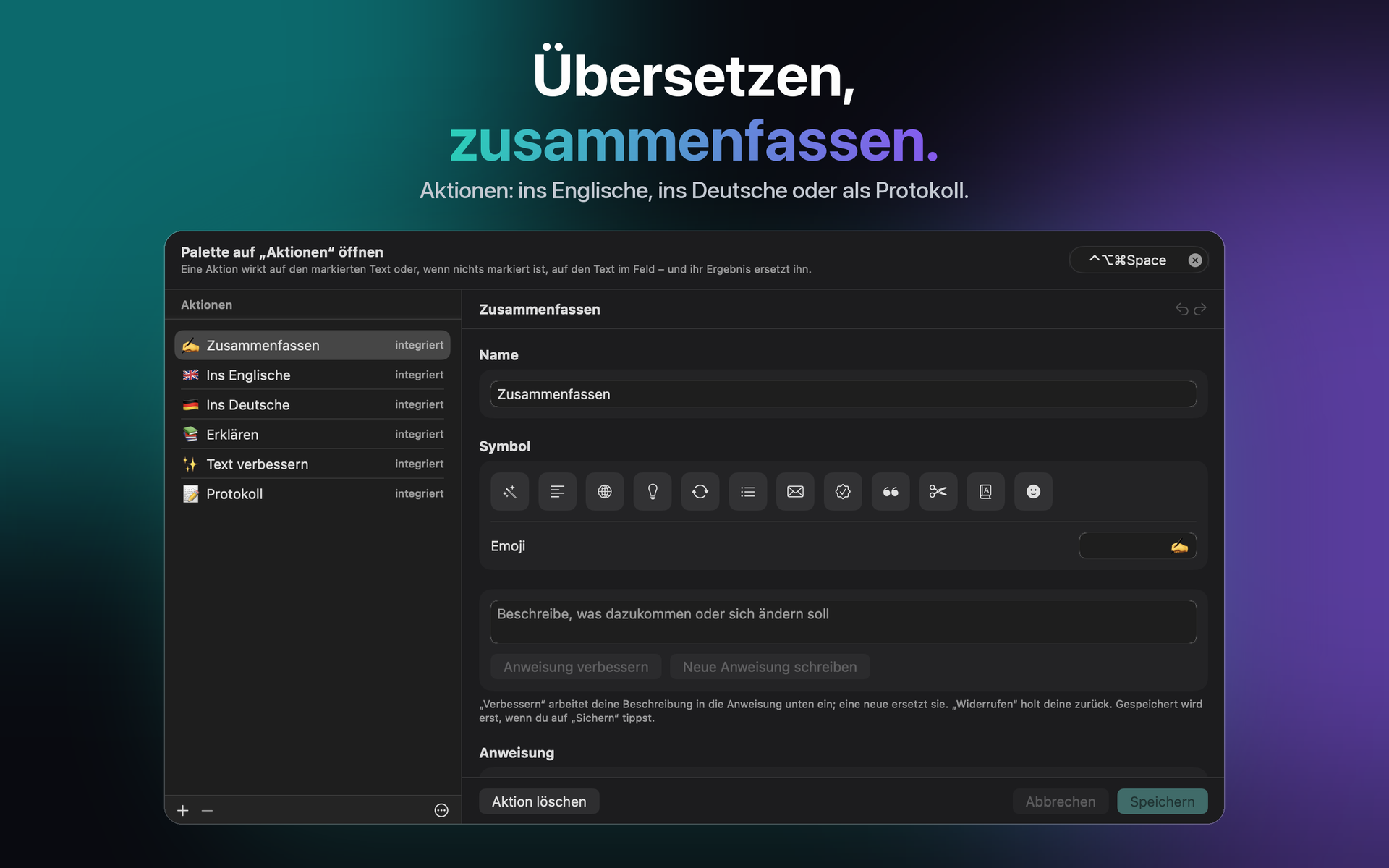Aktionen in den Einstellungen auf dem Mac, jede mit eigener Anweisung