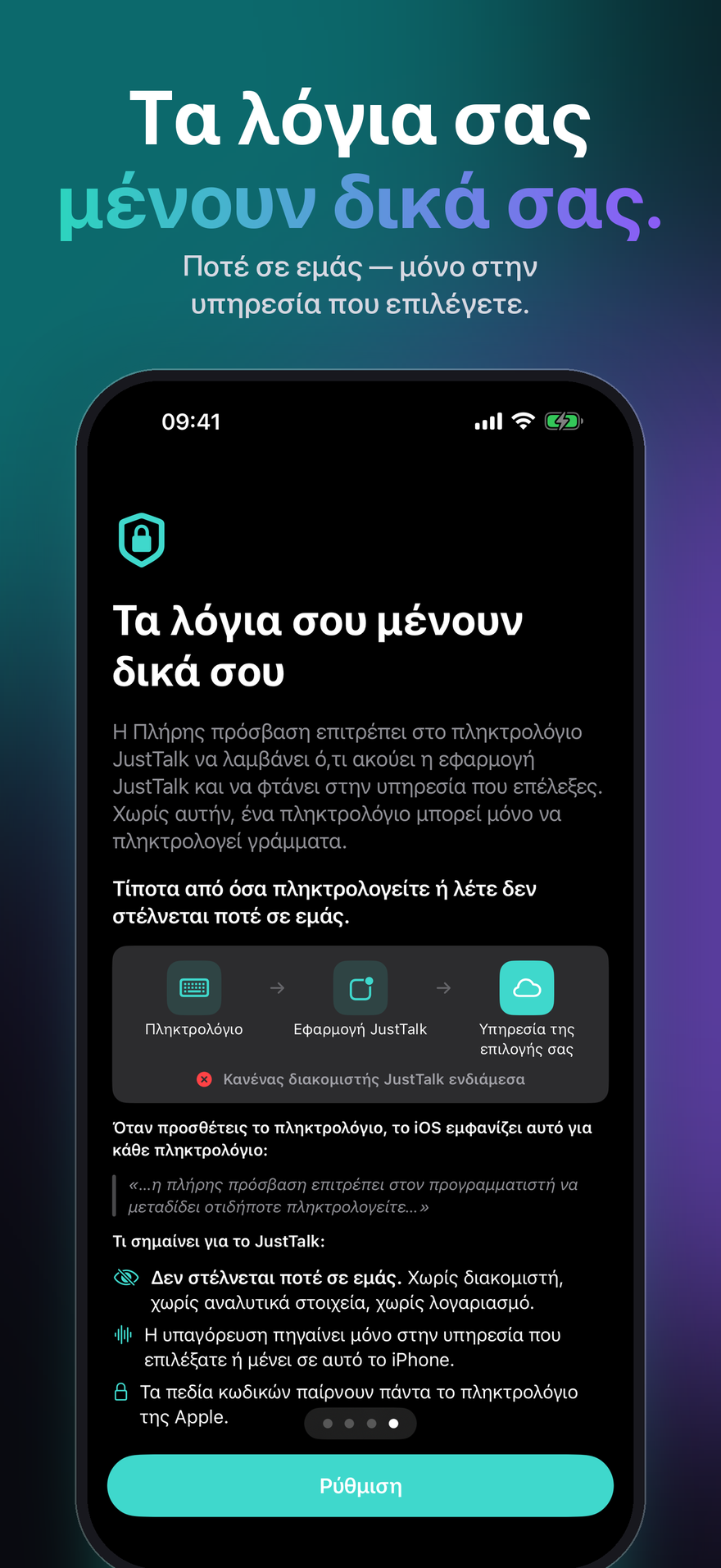 Το JustTalk στο iPhone εξηγεί την Πλήρη πρόσβαση: πληκτρολόγιο, εφαρμογή JustTalk, η υπηρεσία που επέλεξες — κανένας διακομιστής JustTalk ενδιάμεσα