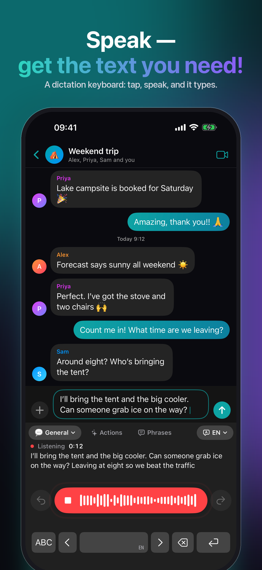 The JustTalk keyboard on iPhone, ready to dictate