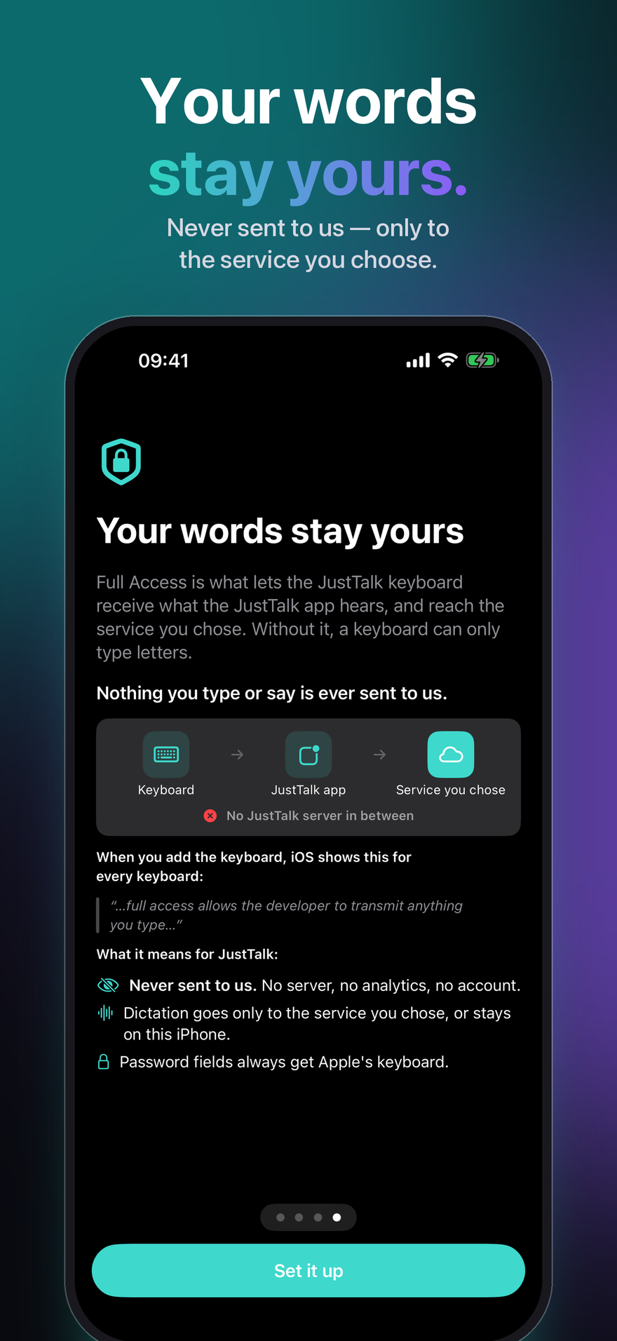JustTalk on iPhone explaining Full Access: keyboard, JustTalk app, the service you chose — no JustTalk server in between