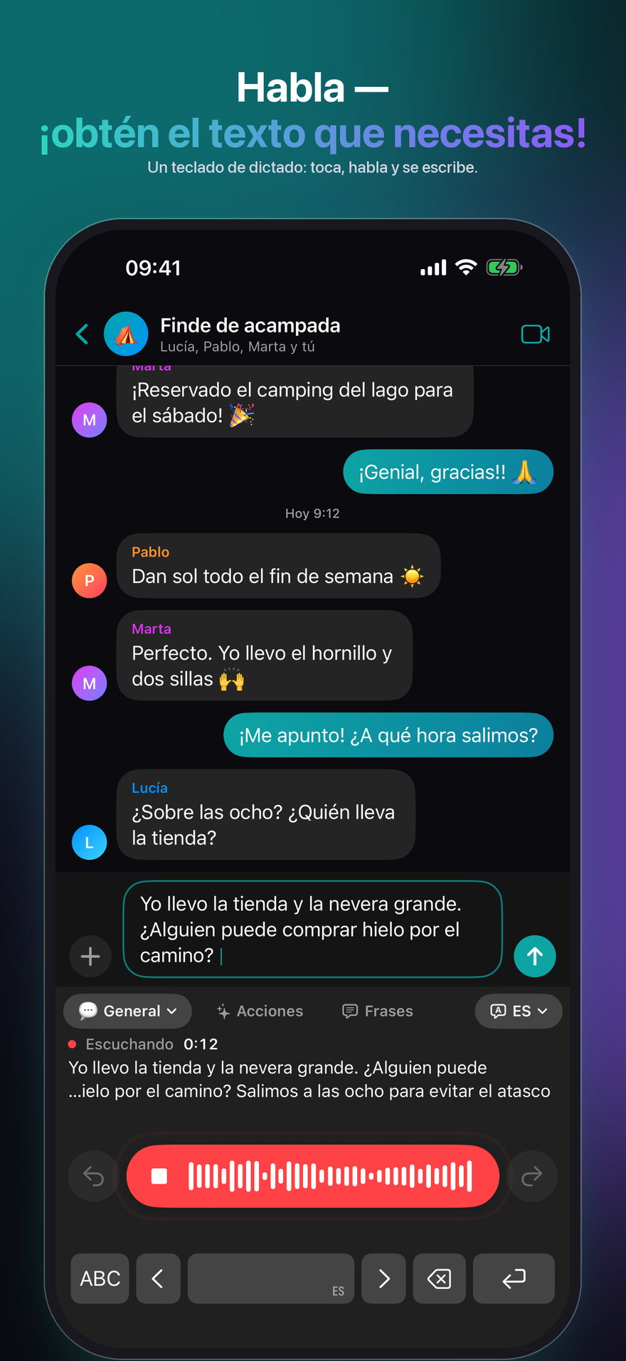 El teclado de JustTalk en el iPhone, listo para dictar