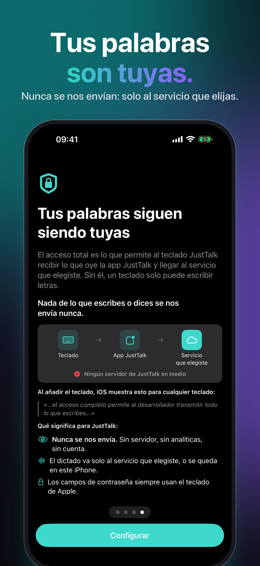 JustTalk en iPhone explica el acceso total: teclado, app JustTalk, el servicio elegido — sin ningún servidor de JustTalk en medio