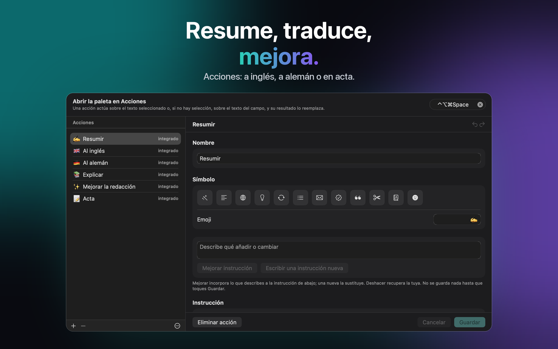 Acciones en los ajustes del Mac, cada una con su instrucción