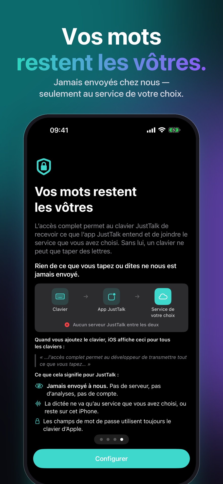 JustTalk sur iPhone explique l'accès complet : clavier, app JustTalk, le service choisi — aucun serveur JustTalk entre les deux