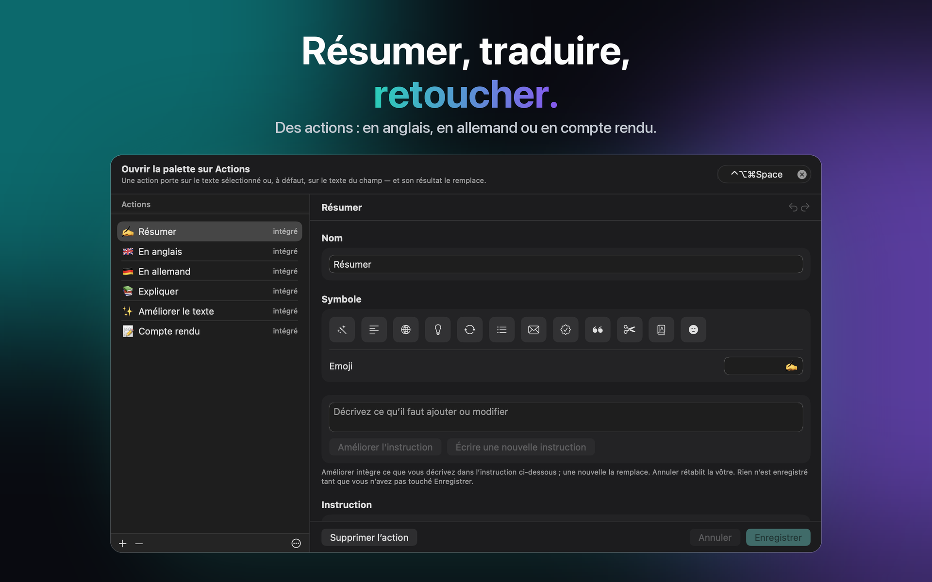Les Actions dans les réglages du Mac, chacune avec son instruction