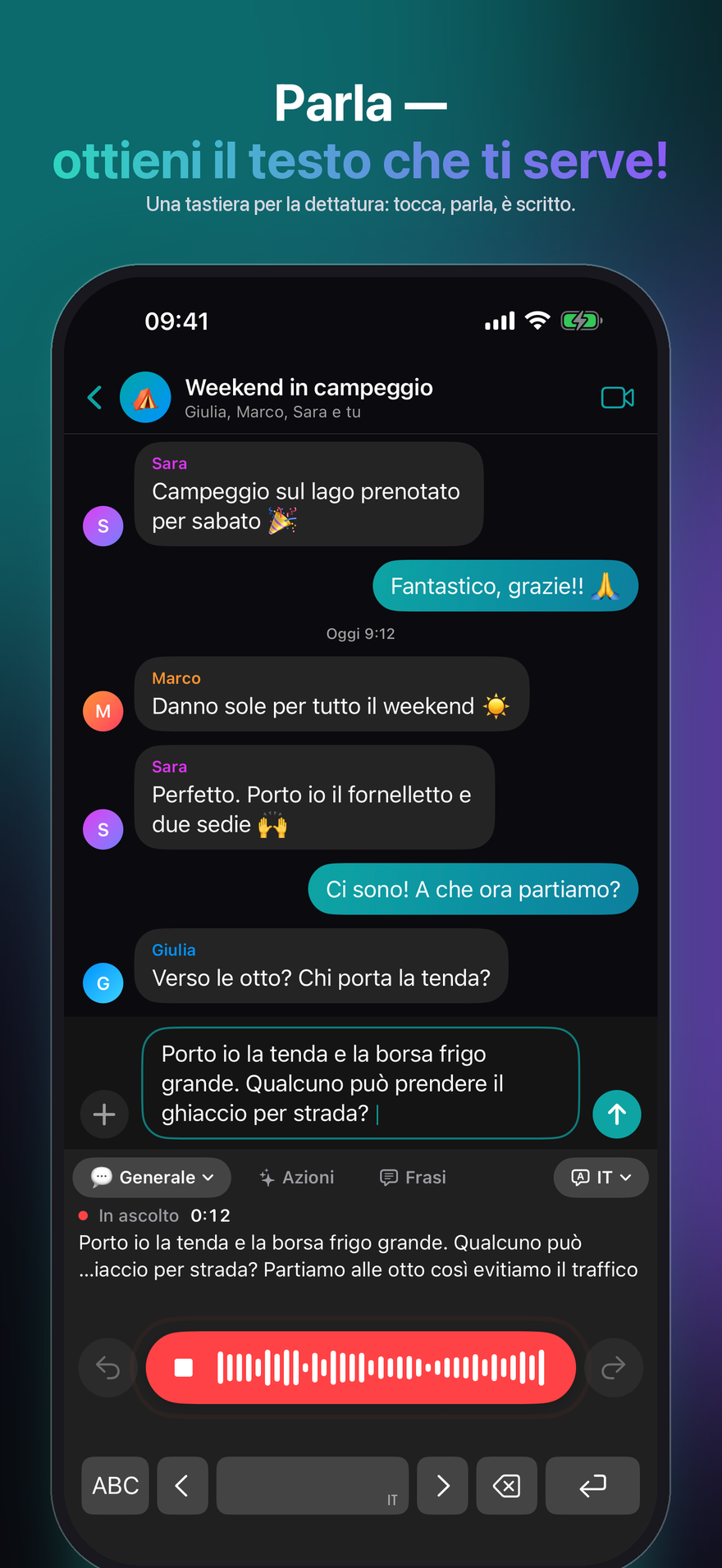 La tastiera JustTalk su iPhone, pronta per dettare