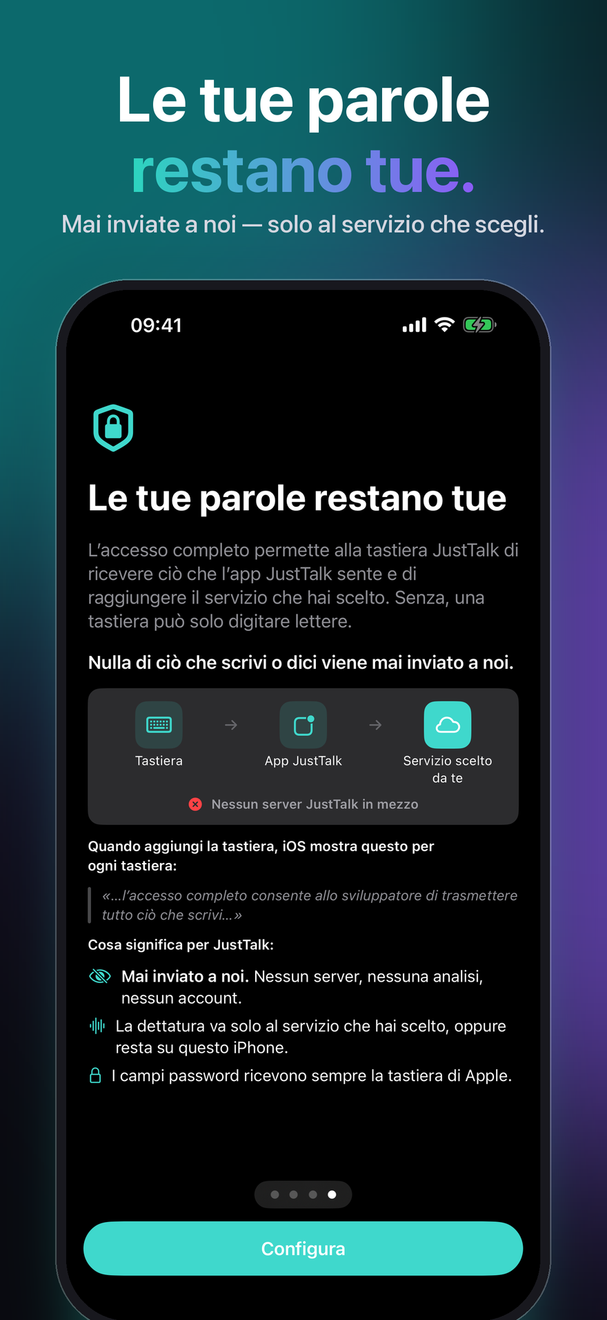 JustTalk su iPhone spiega l'accesso completo: tastiera, app JustTalk, il servizio scelto — nessun server JustTalk in mezzo