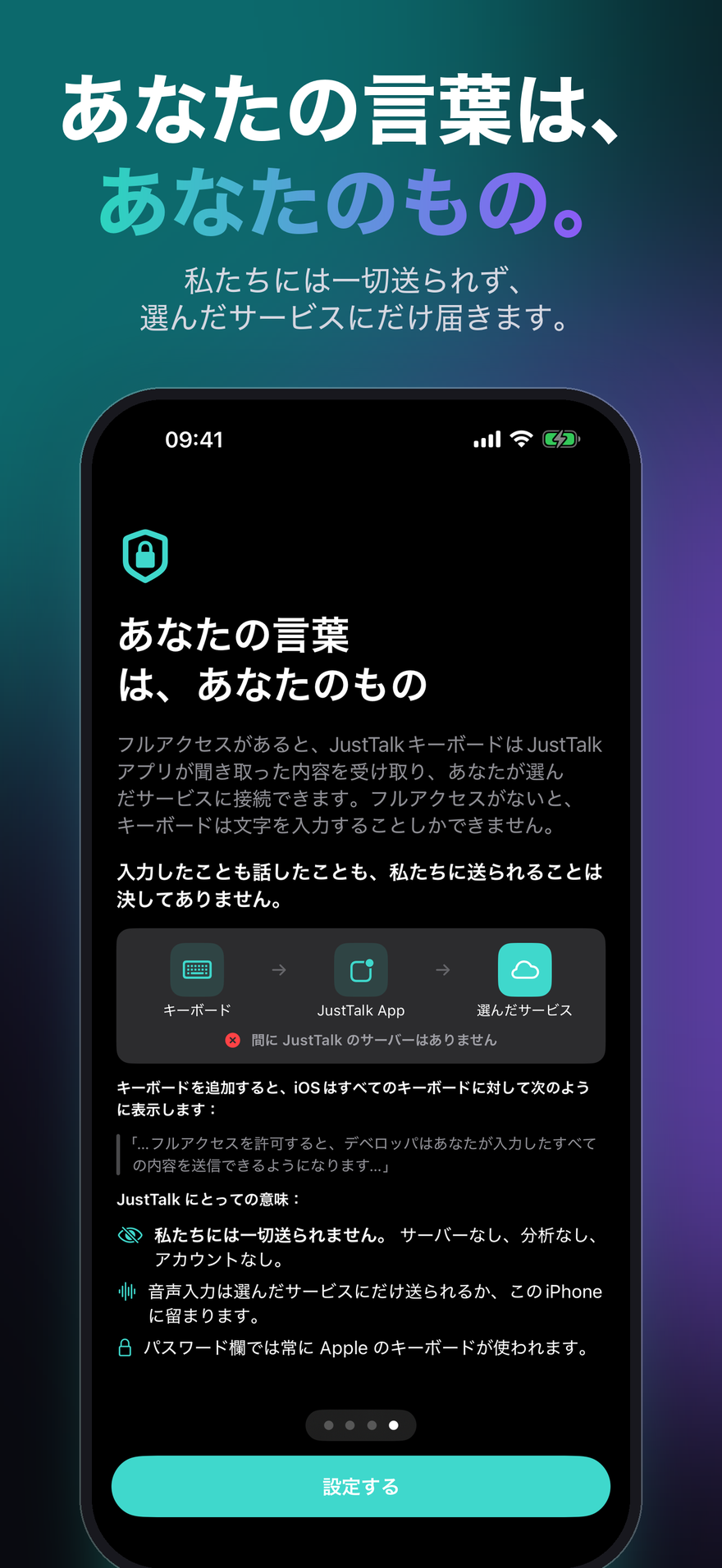 iPhoneのJustTalkがフルアクセスを説明する画面：キーボード、JustTalkアプリ、選んだサービス。間にJustTalkのサーバーはありません