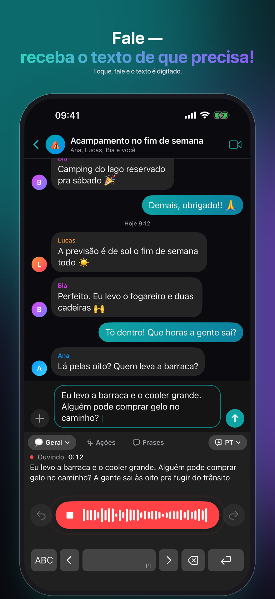 O teclado do JustTalk no iPhone, pronto para ditar