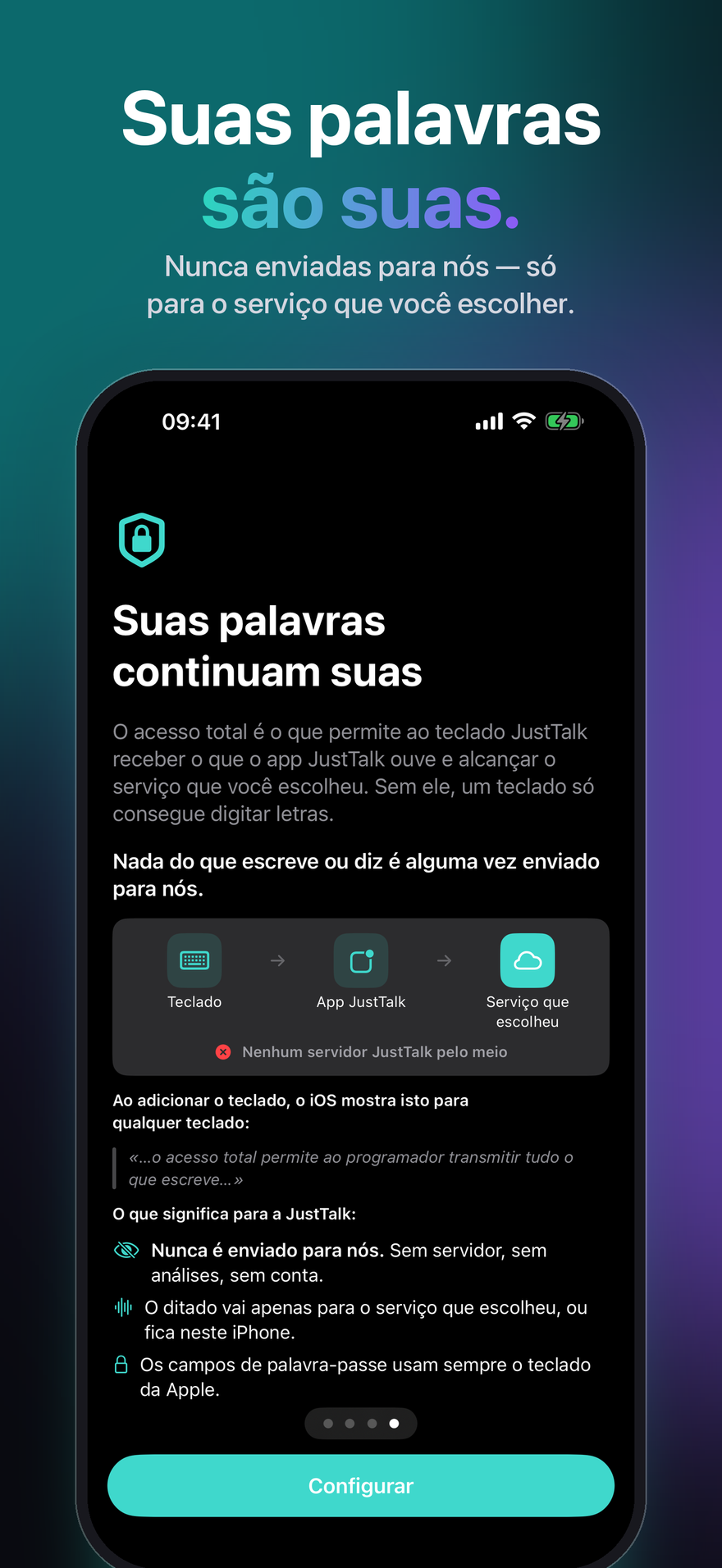 JustTalk no iPhone explicando o acesso total: teclado, app JustTalk, o serviço escolhido — nenhum servidor do JustTalk no meio
