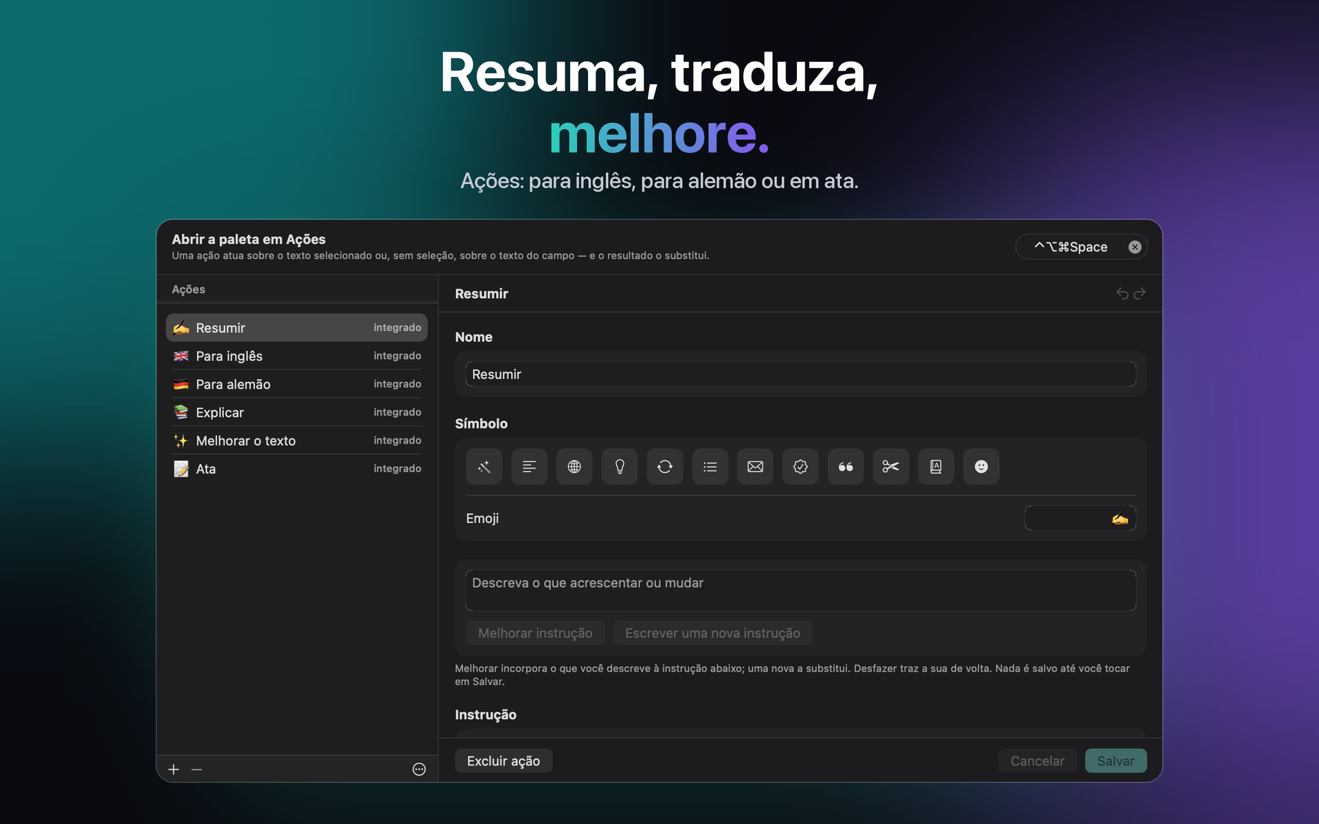 Ações nos ajustes do Mac, cada uma com sua instrução