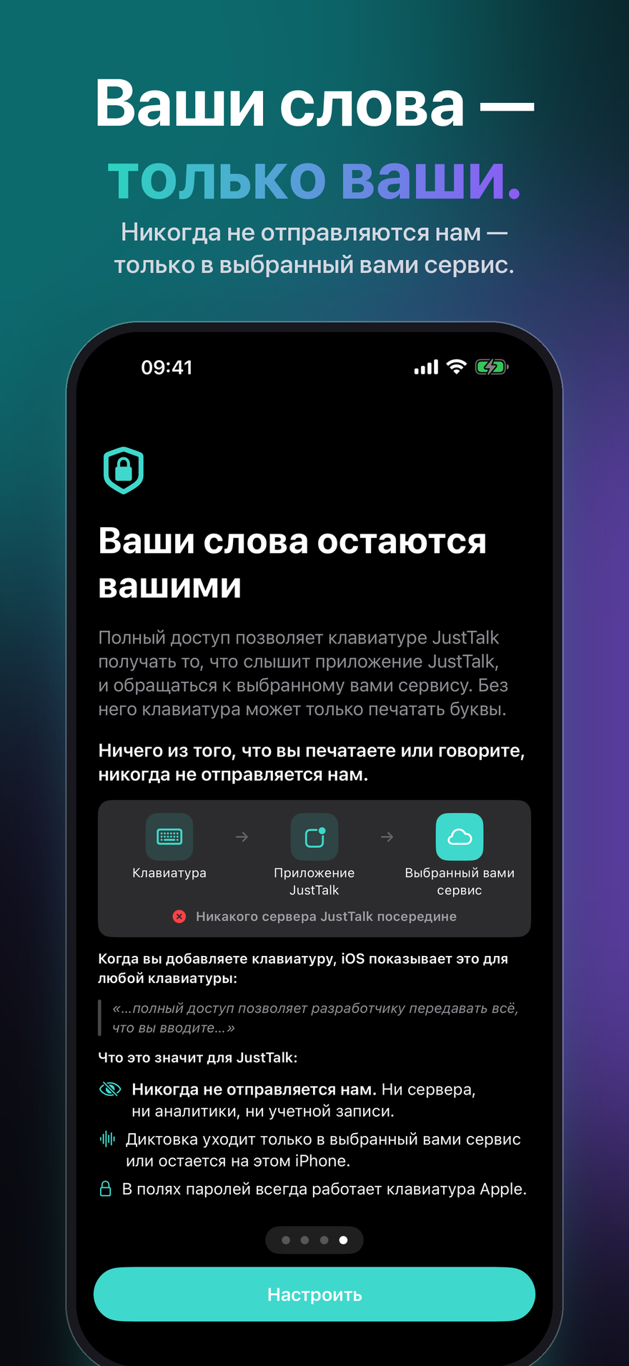 JustTalk на iPhone объясняет полный доступ: клавиатура, приложение JustTalk, выбранный сервис — никакого сервера JustTalk посередине