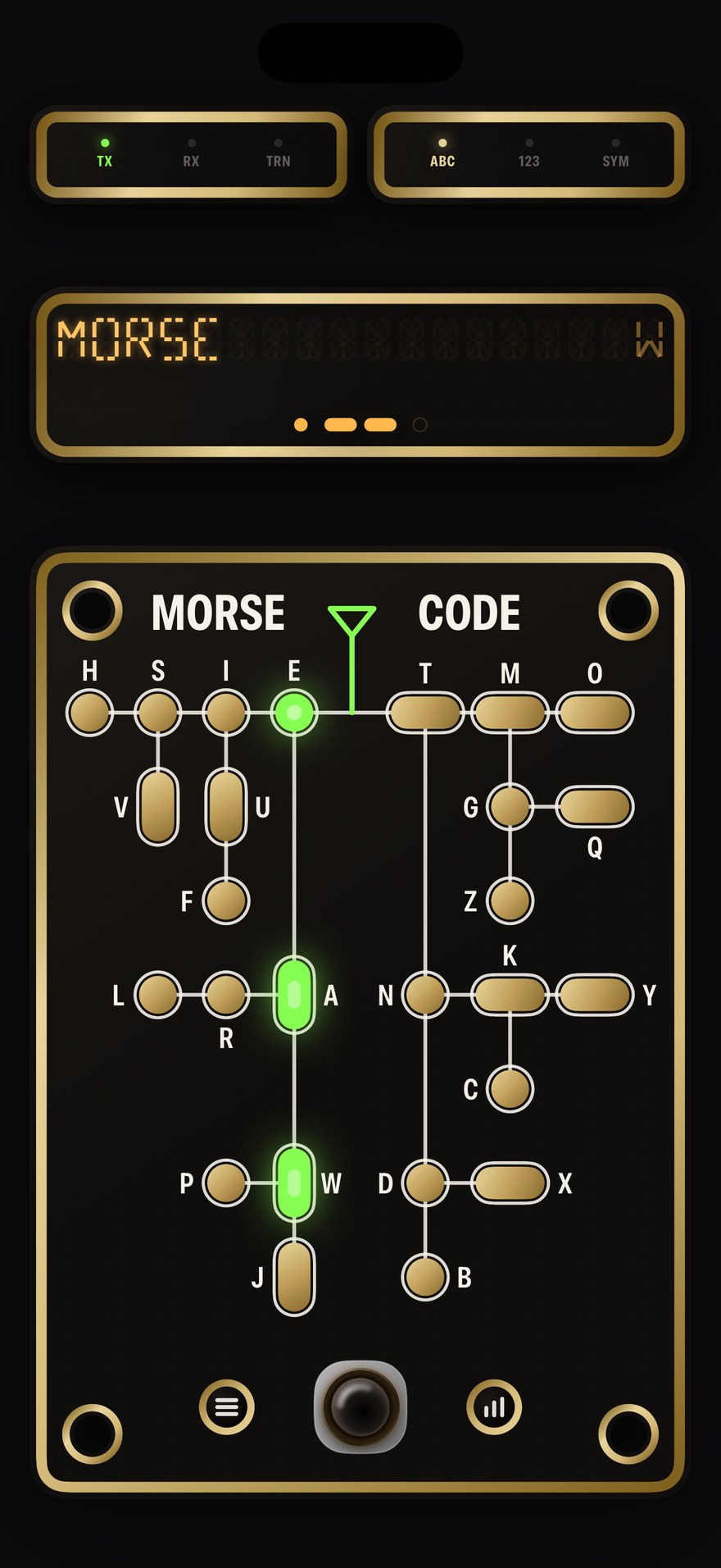 The decoder card: the Morse tree in gold pads on a dark board, with a lamp in every pad.