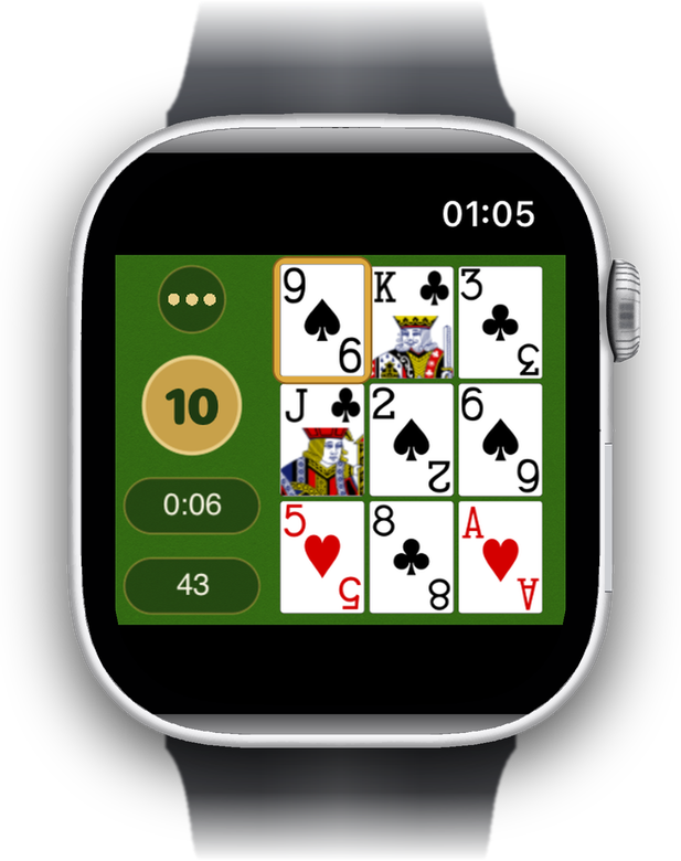 Das Spielfeld auf der Apple Watch, daneben Zielzahl, Zeit und verbleibende Karten.