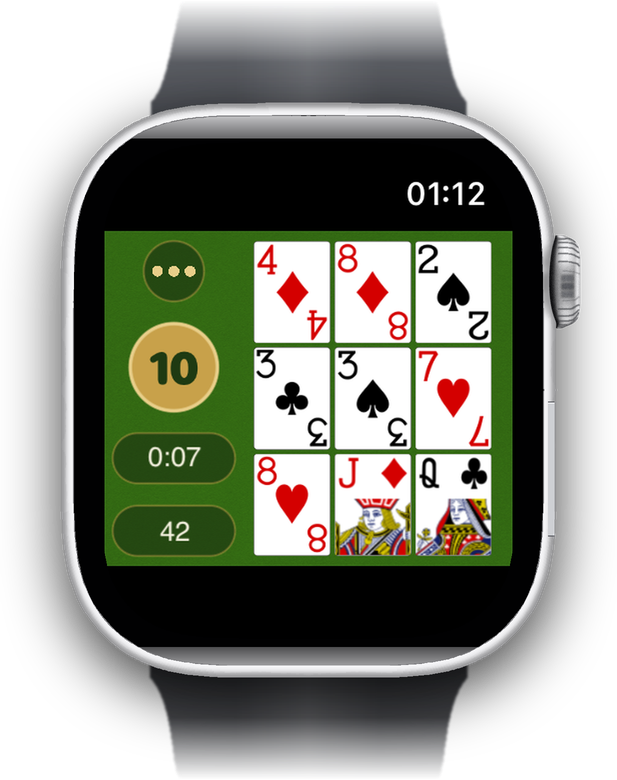 Το ταμπλό στο Apple Watch, με τον αριθμό-στόχο, τον χρόνο και τις κάρτες που απομένουν δίπλα.