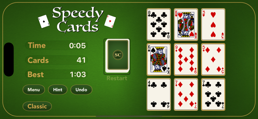 A board mid-round, with cards dealing in as combos are cleared.