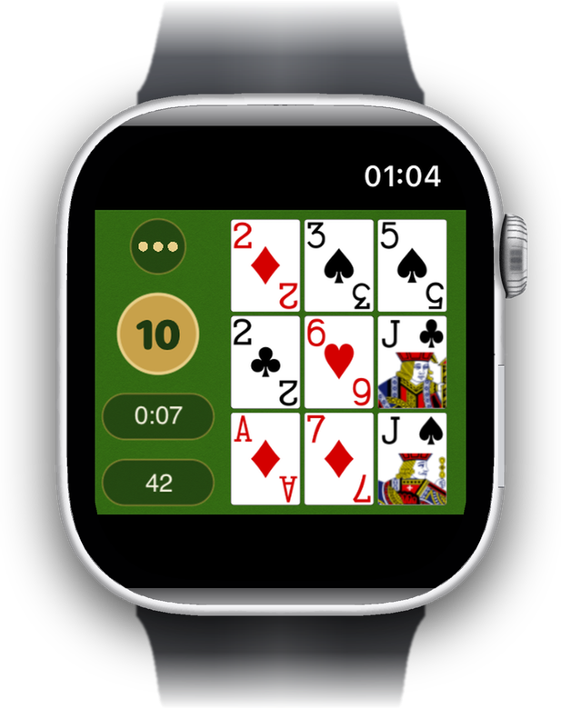 The board on Apple Watch, with the target number, the time and the cards left beside it.
