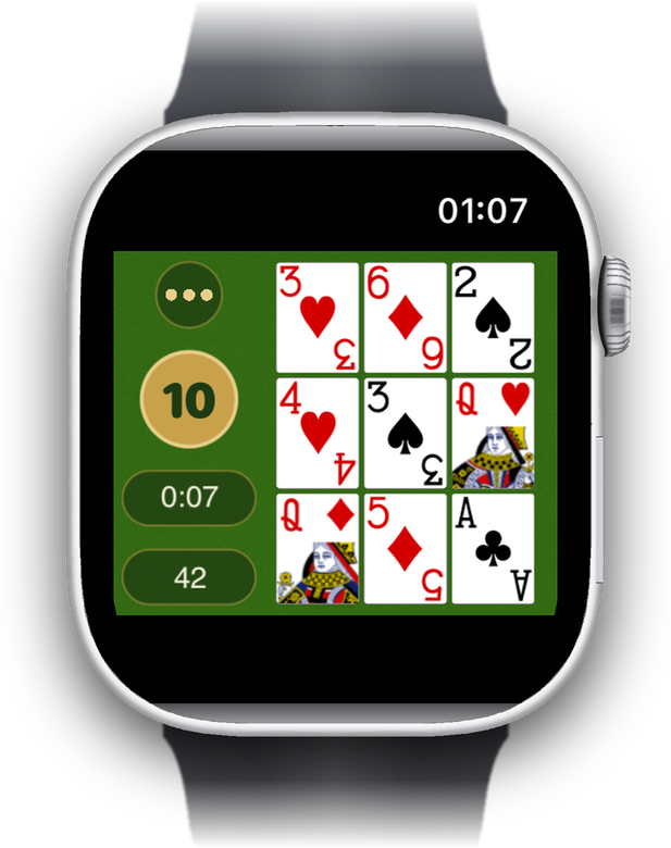El tablero en el Apple Watch, con el objetivo, el tiempo y las cartas restantes al lado.