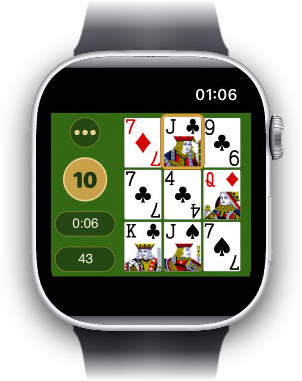 Le plateau sur Apple Watch, avec la cible, le temps et les cartes restantes à côté.