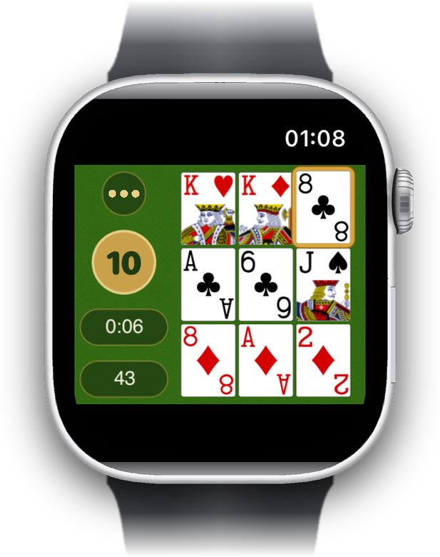 Il tavolo su Apple Watch, con il numero obiettivo, il tempo e le carte rimaste accanto.