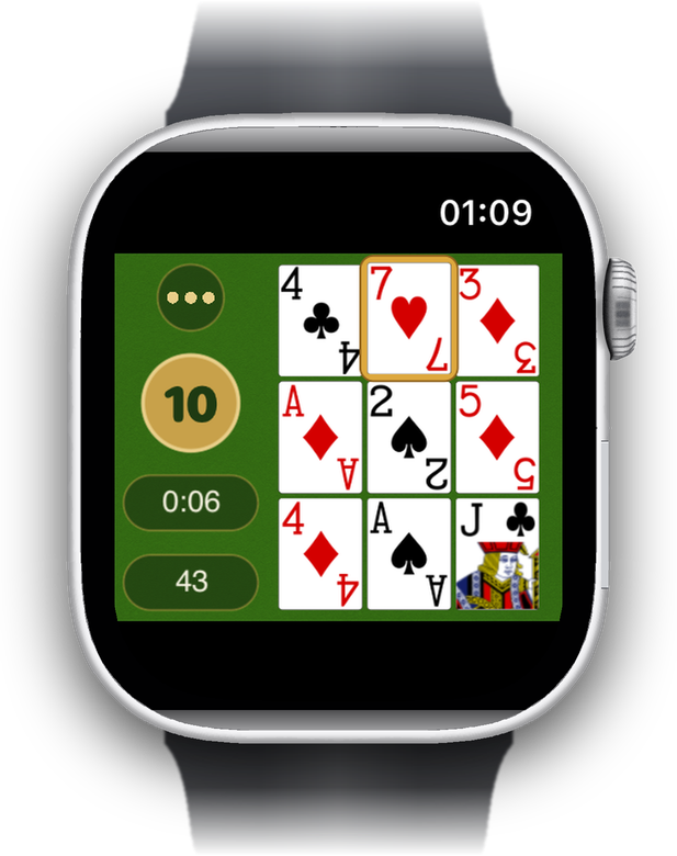 Apple Watchの盤面。横に目標の数字、時間、残りの札が並びます。
