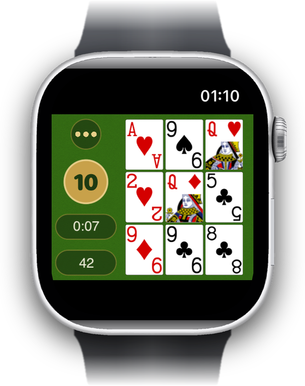 Apple Watch의 보드. 옆에 목표 숫자, 시간, 남은 카드가 보입니다.