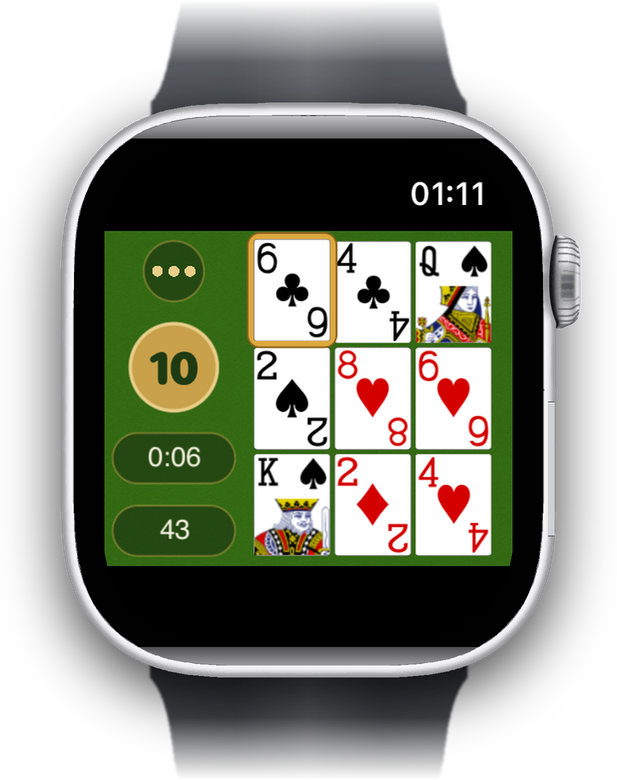 O tabuleiro no Apple Watch, com o alvo, o tempo e as cartas restantes ao lado.