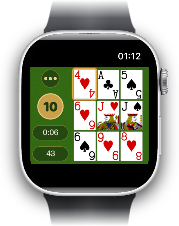 Поле на Apple Watch, поруч — цільове число, час і карти, що лишилися.
