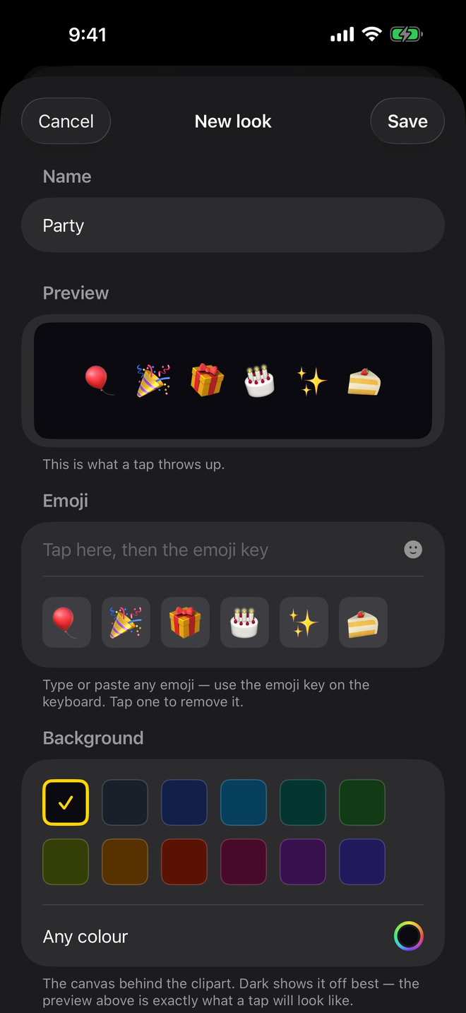 The clipart editor, with six emoji and a live preview.