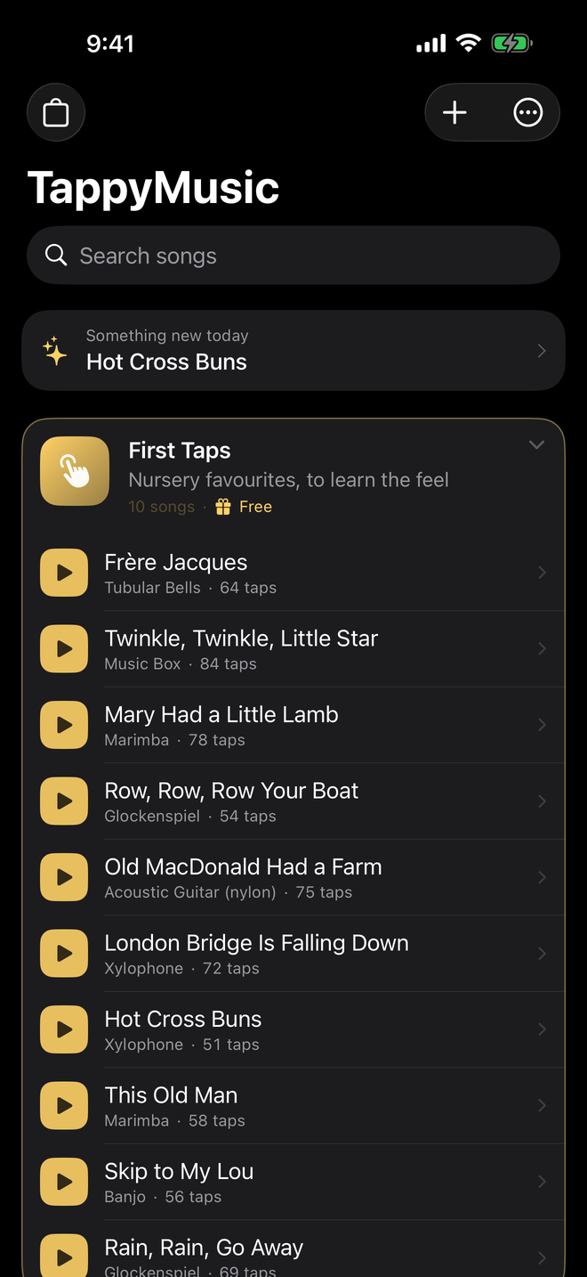 The library, showing packs of melodies with their songs listed.