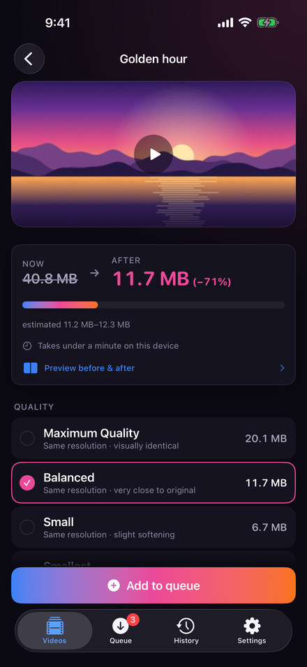 The size forecast for a video: its current size, the new size, and the range around it.