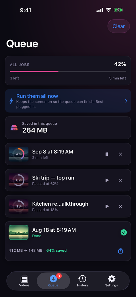 The queue: several videos compressing, with overall progress and time left.