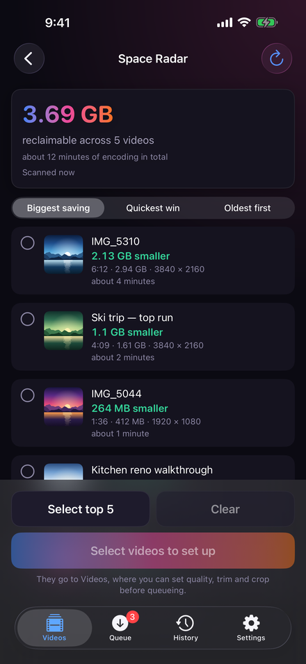 Space Radar: a ranked list of videos, each showing how much space compressing it would free.